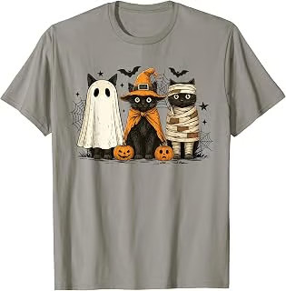 Retro Black Cat Witch Scary Halloween Pumpkin Women Men Kids T-Shirt