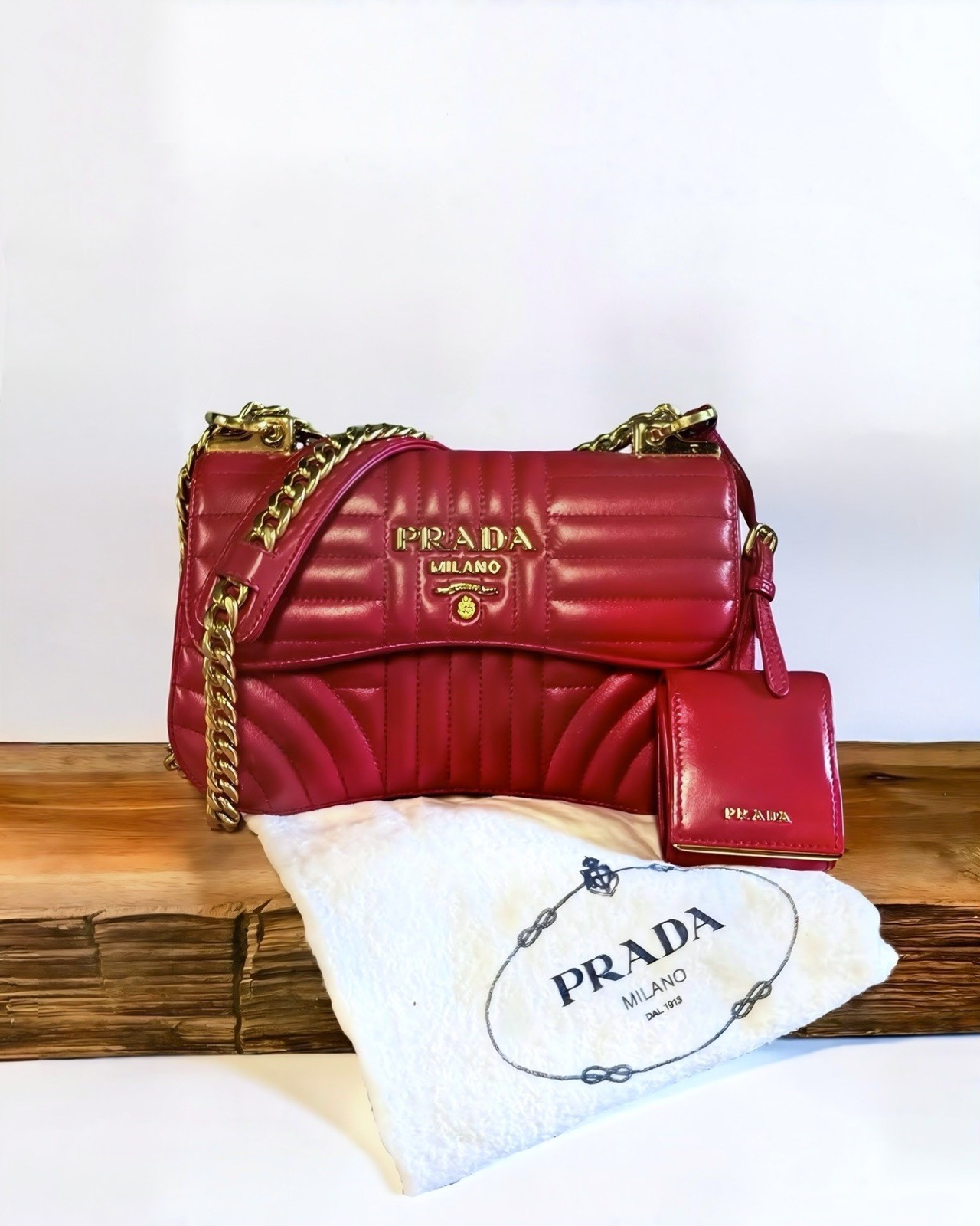 Prada Diagramme Quilted Red Leather Flap Shoulder Bag w/ Dust Bag - Authentic