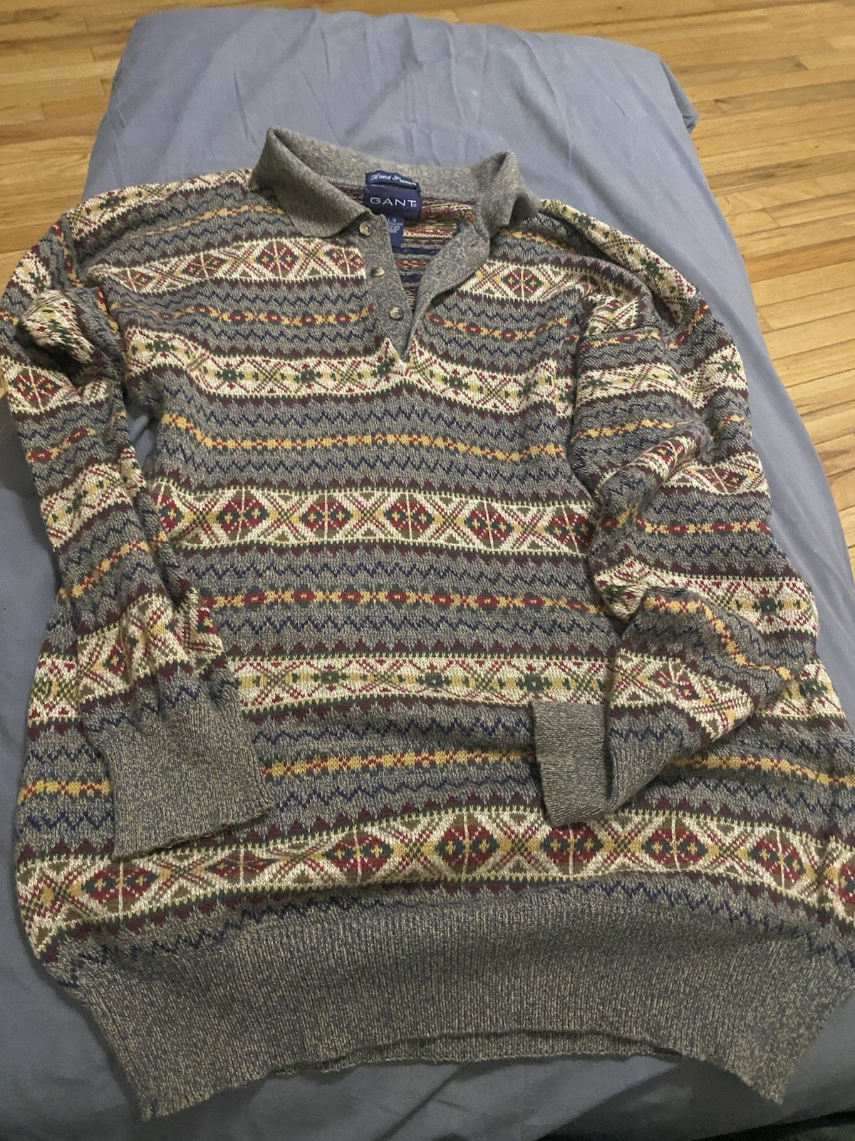 Gant Hand Framed 100% Cotton Fair Isle Sweater Polo L Rare Preppy Old Money Vtg.