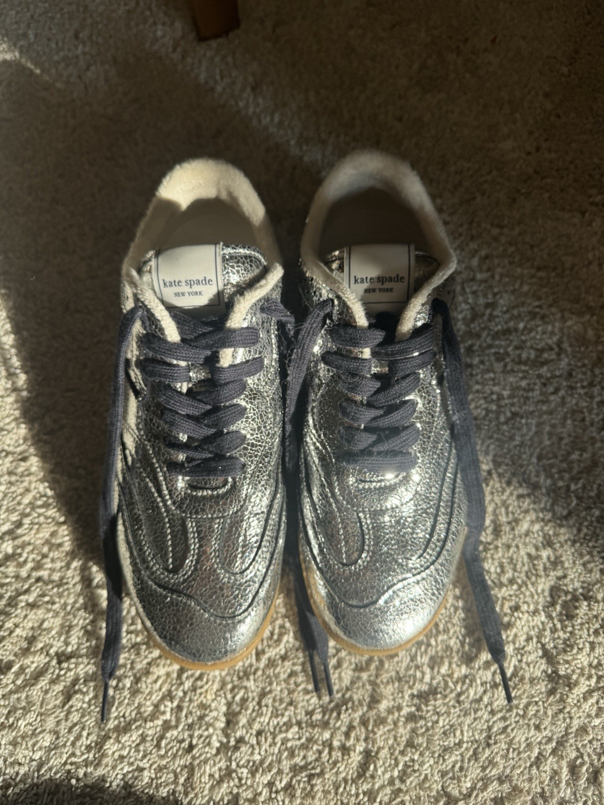kate spade new york Women’s Silver Leather Low Top Lace Up Logo Sneakers