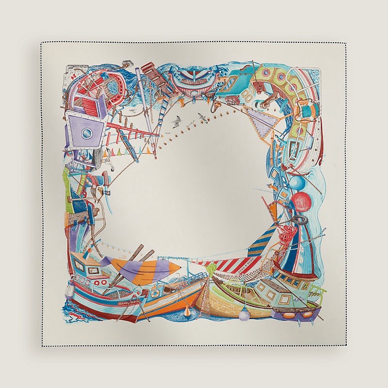 Authentic Hermès Bord a Bord Scarf 80 Blanc / Bleu / Multicolore