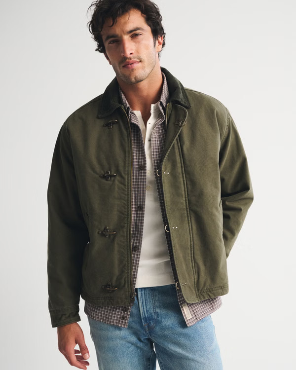 Sale Abercrombie & Fitch Men\'s Canvas Fireman Clasp Jacket Olive