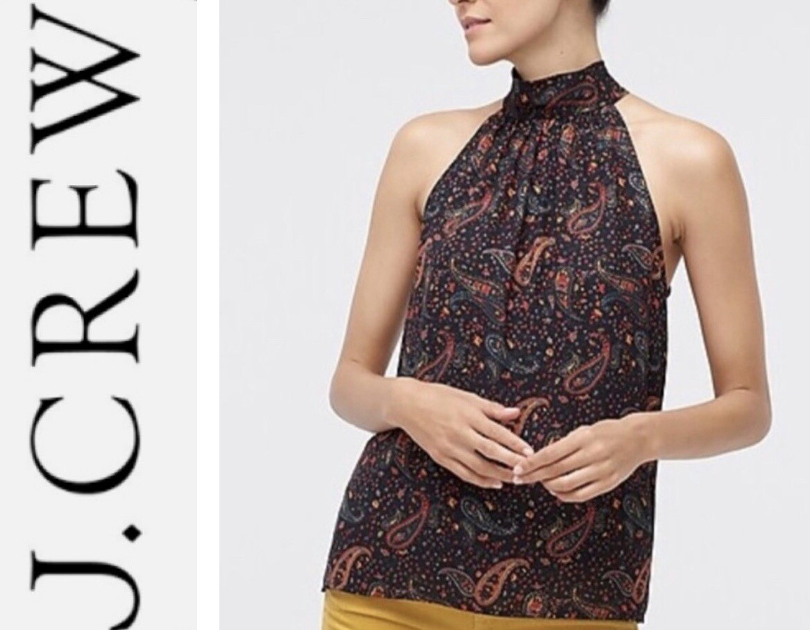 NWT J Crew Paisley Print Sleeveless Tie Neck Blouse Top Size 4 New