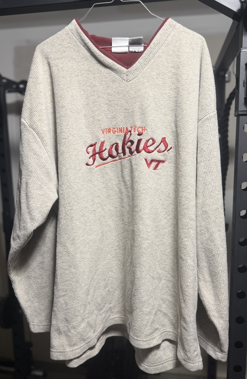 Virginia Tech Hokies Fleece Pullover XXL Vintage 90s Embroidered V-Neck, Red Oak
