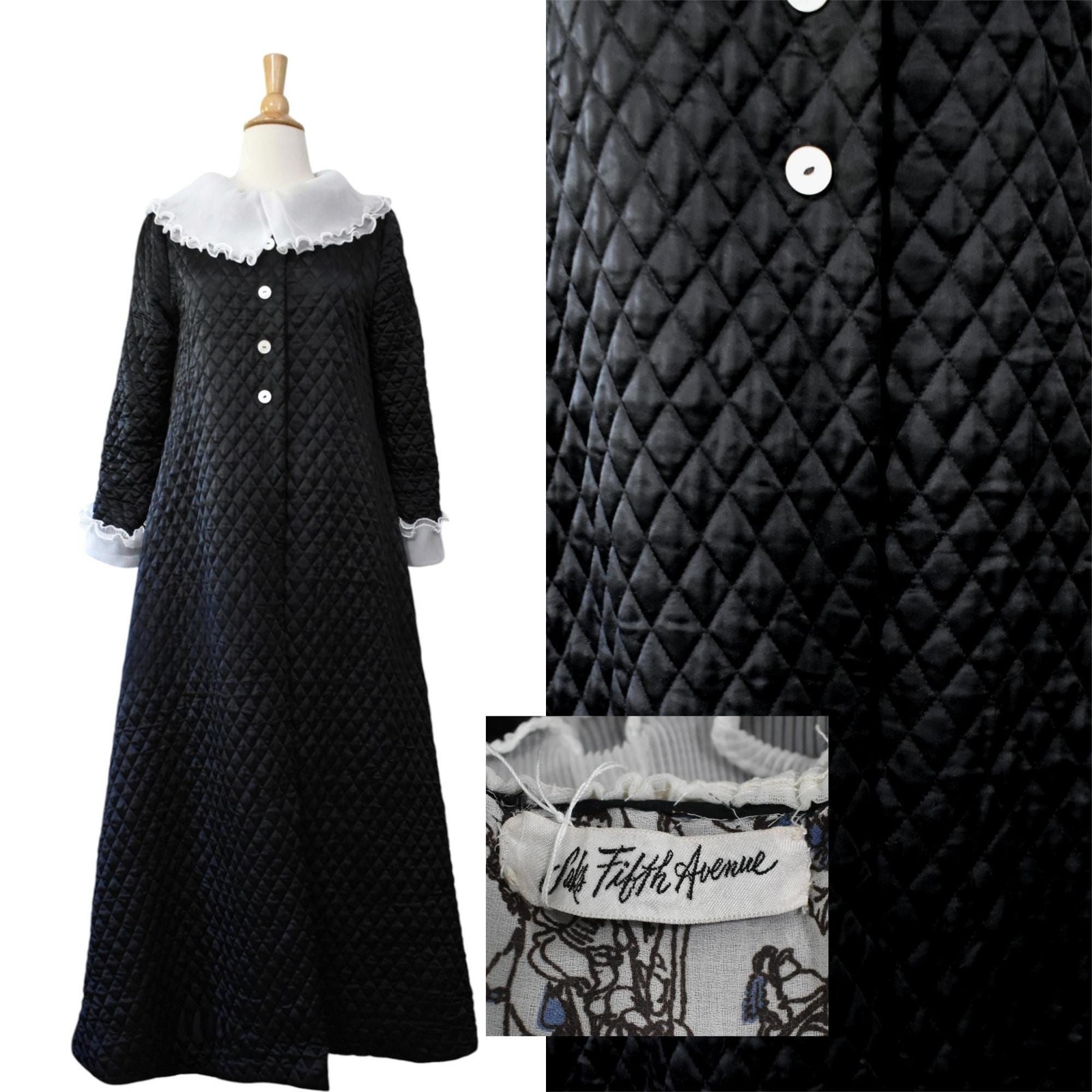 Vintage 60s Robe Saks Fifth Ave Black Quilted Organza Ruffled Dressing Gown