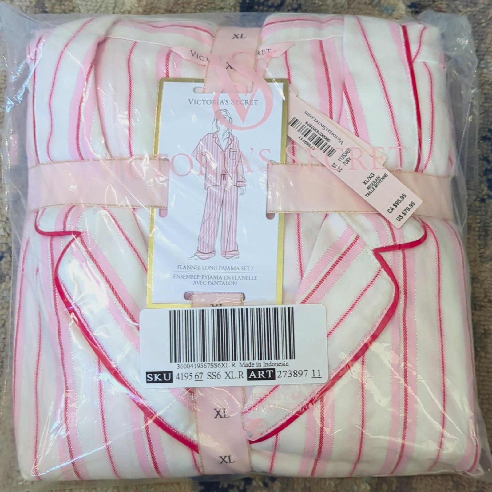 Victoria\'s Secret Flannel Button Pajama Set XL Pink/White/Red Stripe 27389711