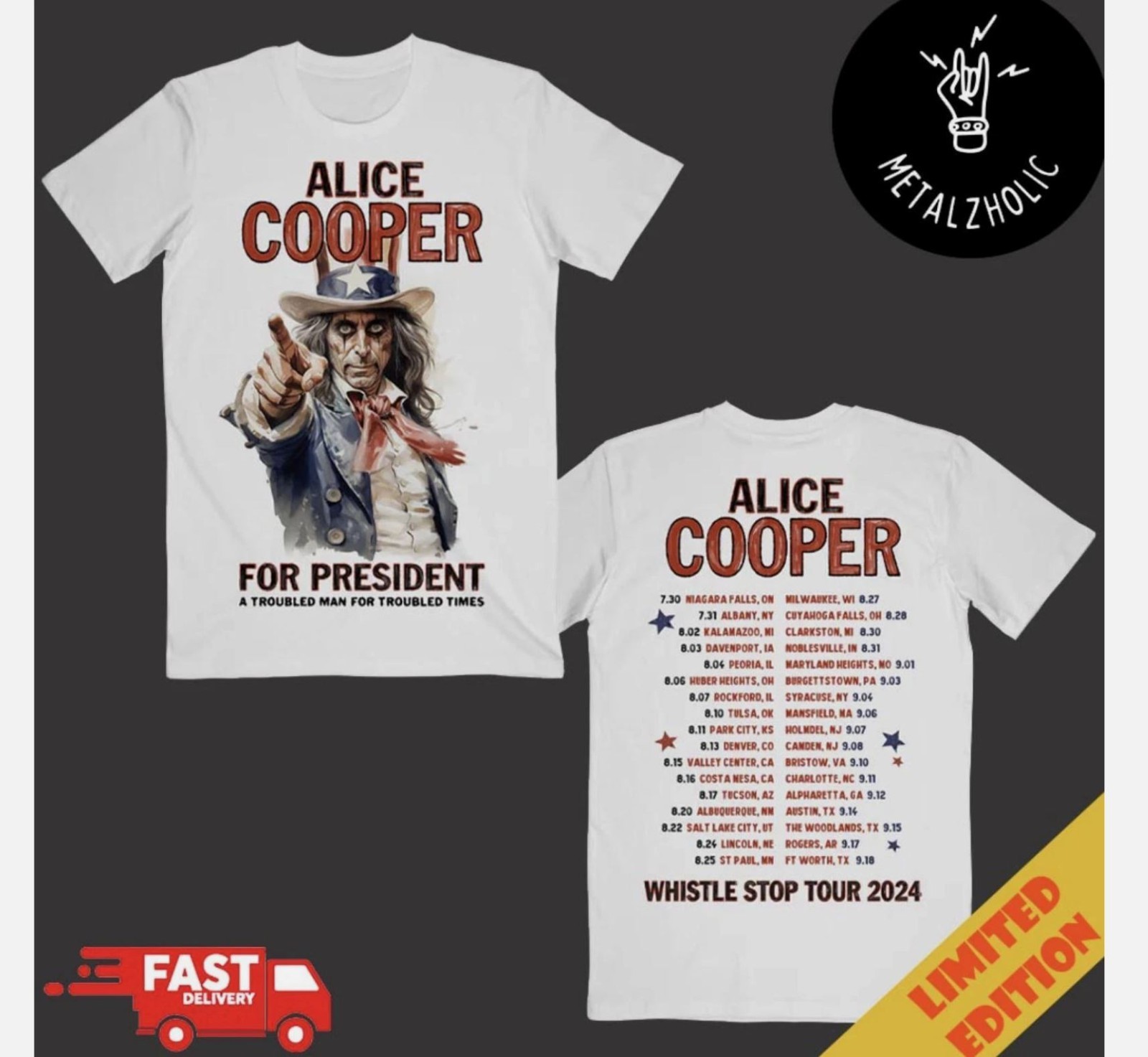 Vtg Alice Cooper Alice for President Whistle Stop Tour 2024 T-Shirt S-5XL