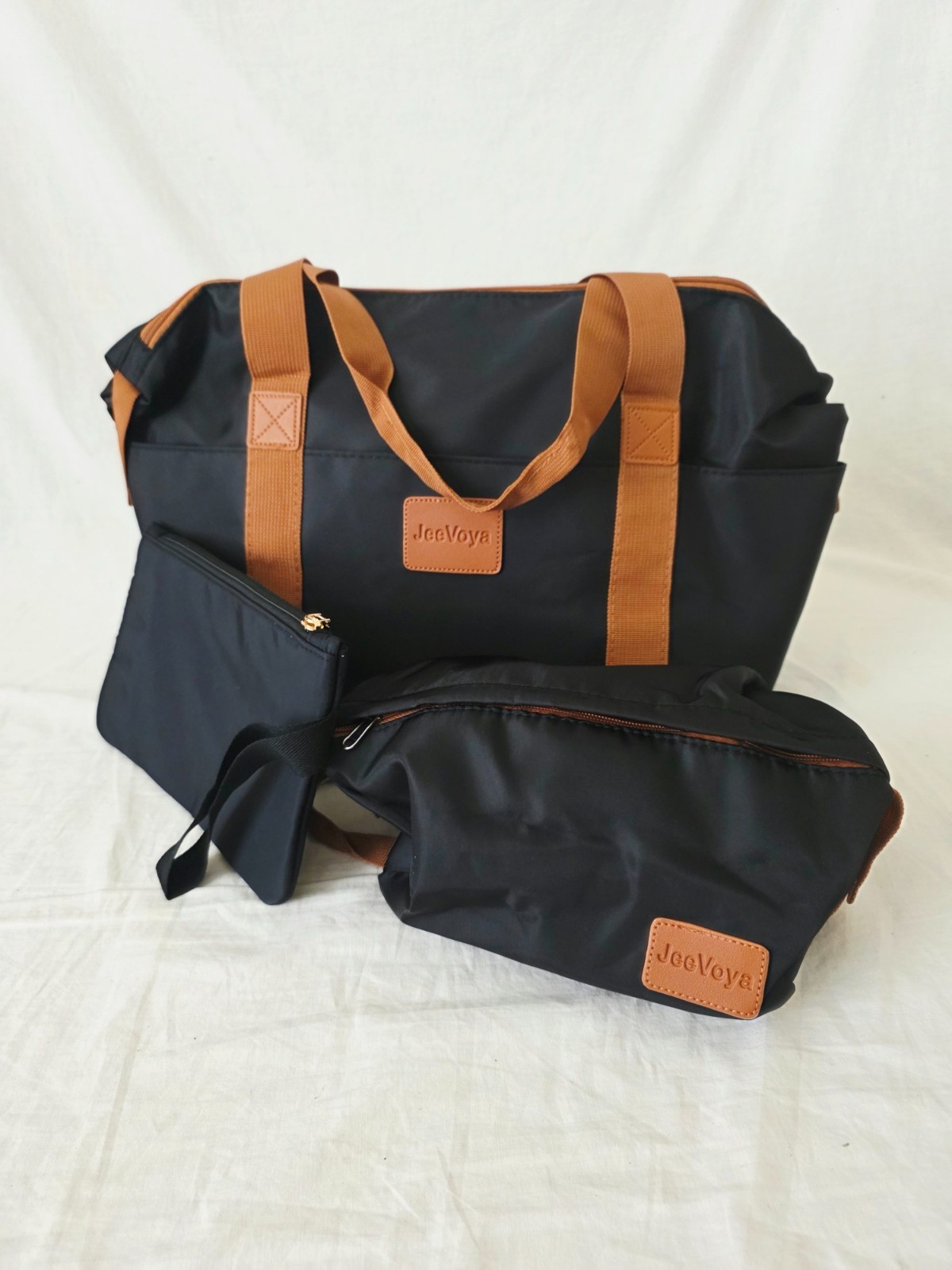 NWOT 3-Pc Travel Set -Black & Brown Tote Bag, Cosmetics Case, Accessories Pouch