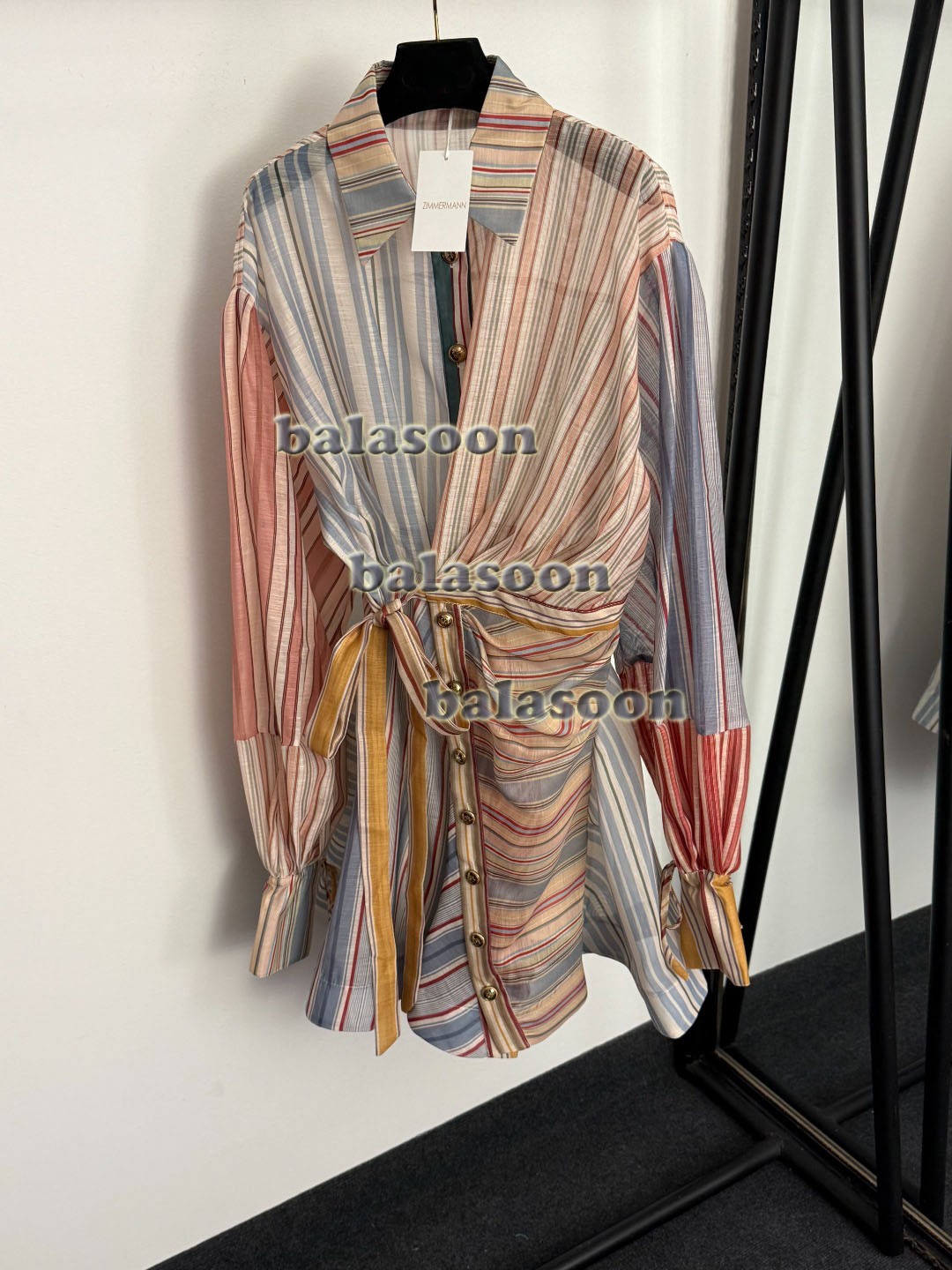 Matching striped lace waist long-sleeved shirt dress short skirt