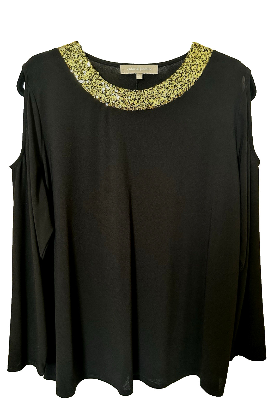 CLASSY CHLOE & JASMINE COLD SHOULDER BLACK WITH GOLD SEQUINS COLLAR TOP-SIZE 1X