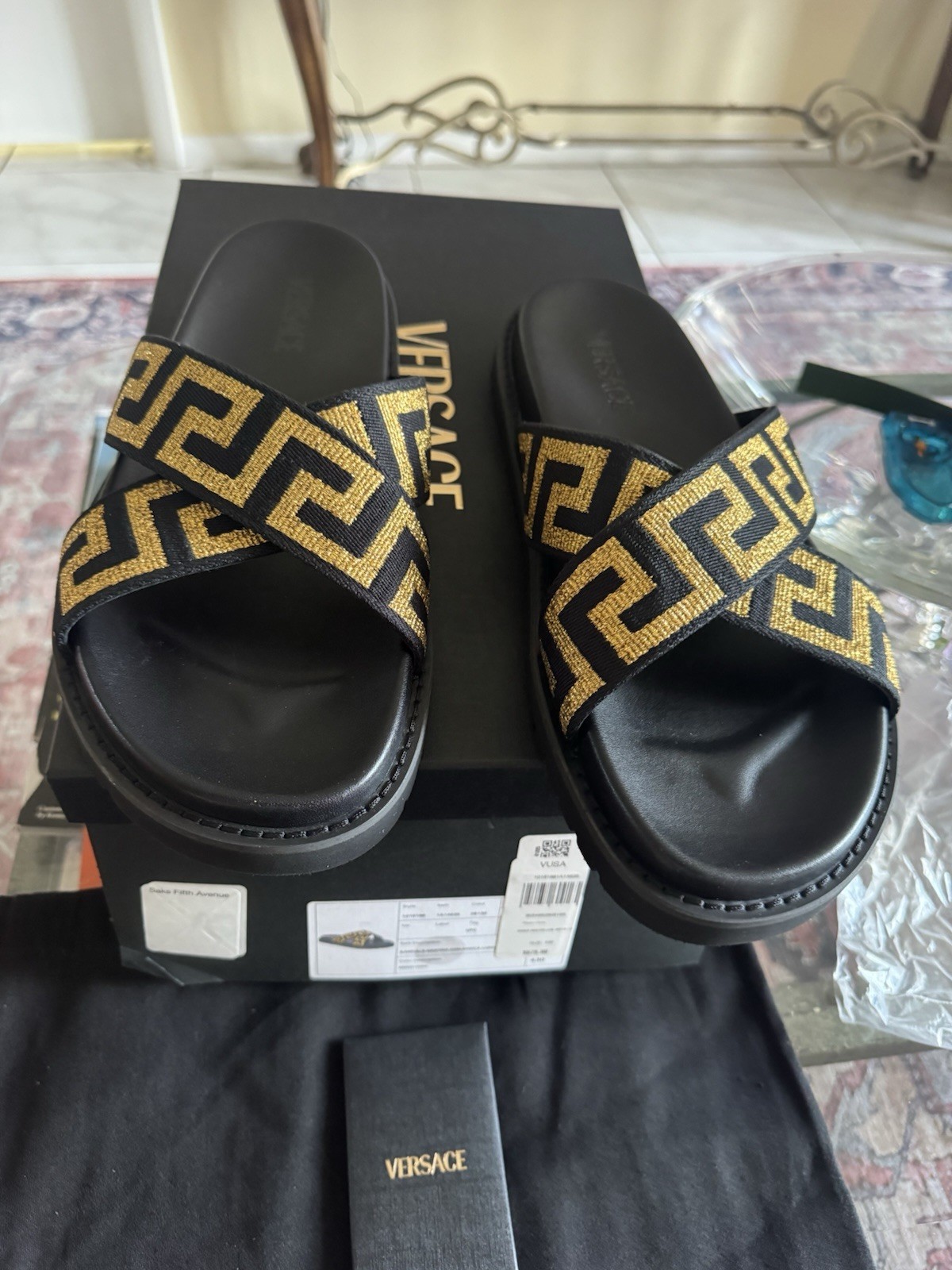 Unisex Authentic Versace Medusa Greca Logo Slide Blk/gold m(10)43 w(11.5)Italy