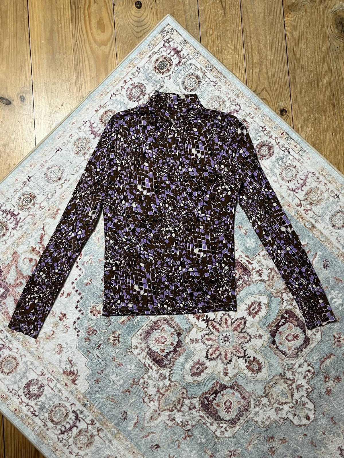 Barbara Bui Paris Vintage Y2K Printed Mock Neck Top Womens L Viscose Brown