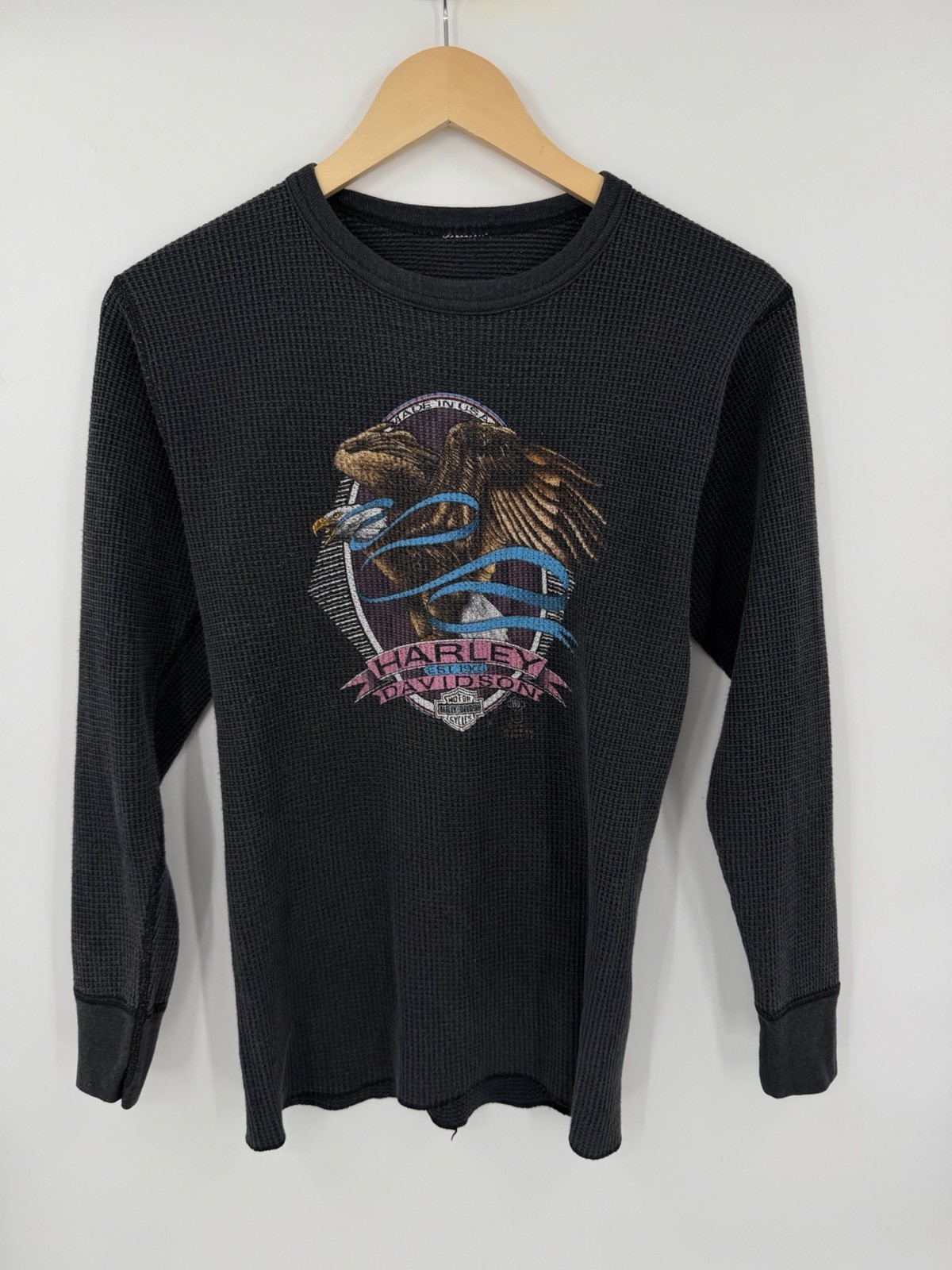 Vintage 1980s Harley-Davidson 3D Emblem Black Thermal Biker Shirt Size Medium