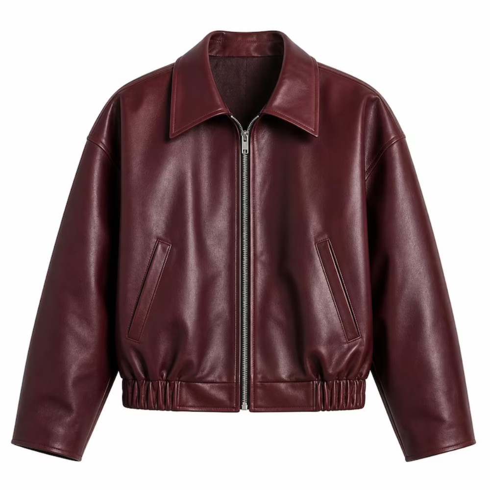 Burgundy Leather Bomber Jacket for Men\'s  Oversized Zip Up Jacket, Vintage Style