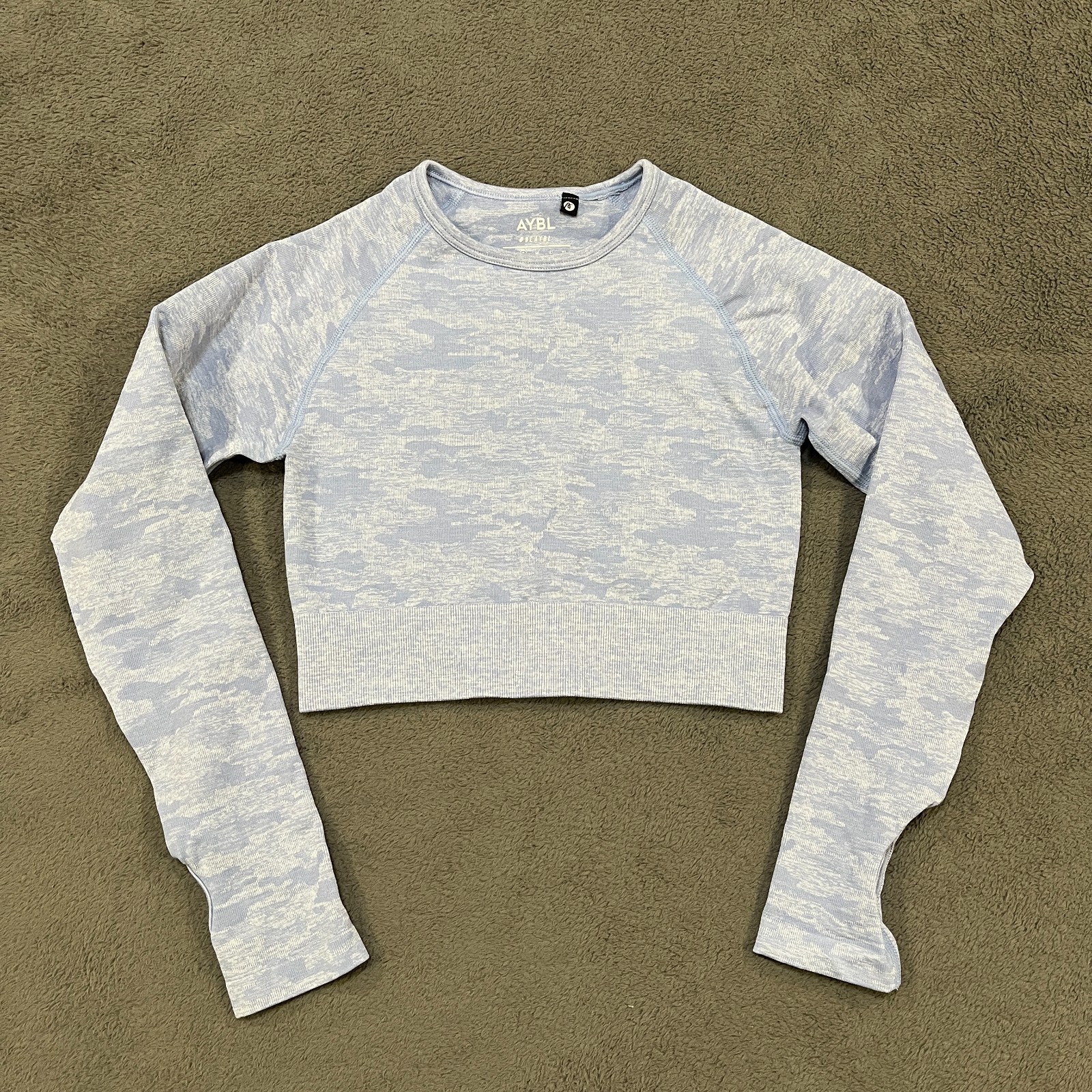 AYBL Evolve Light Blue Activewear Camo Seamless Long Sleeve Crop Top Womens Sz S