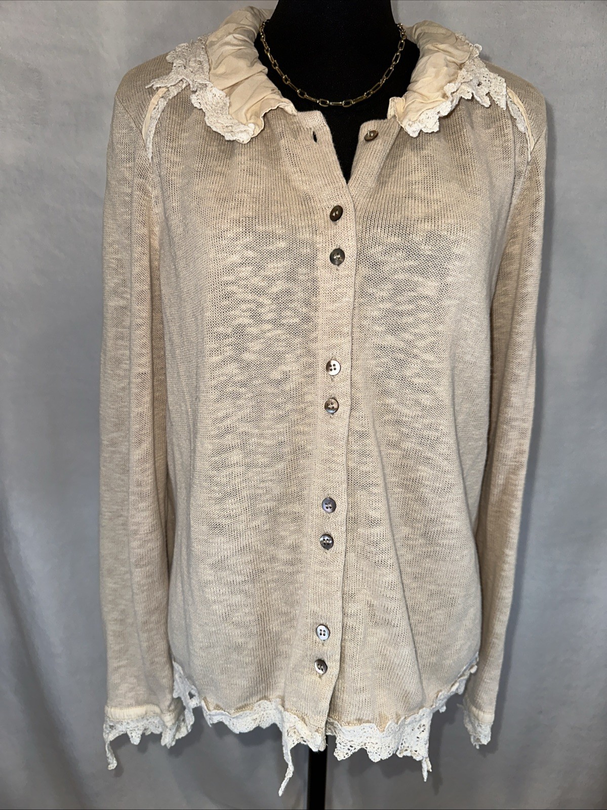 Vintage Blue Willi’s Linen Blend Cardigan Ruffle Collar Boho Cottagecore Raw Hem
