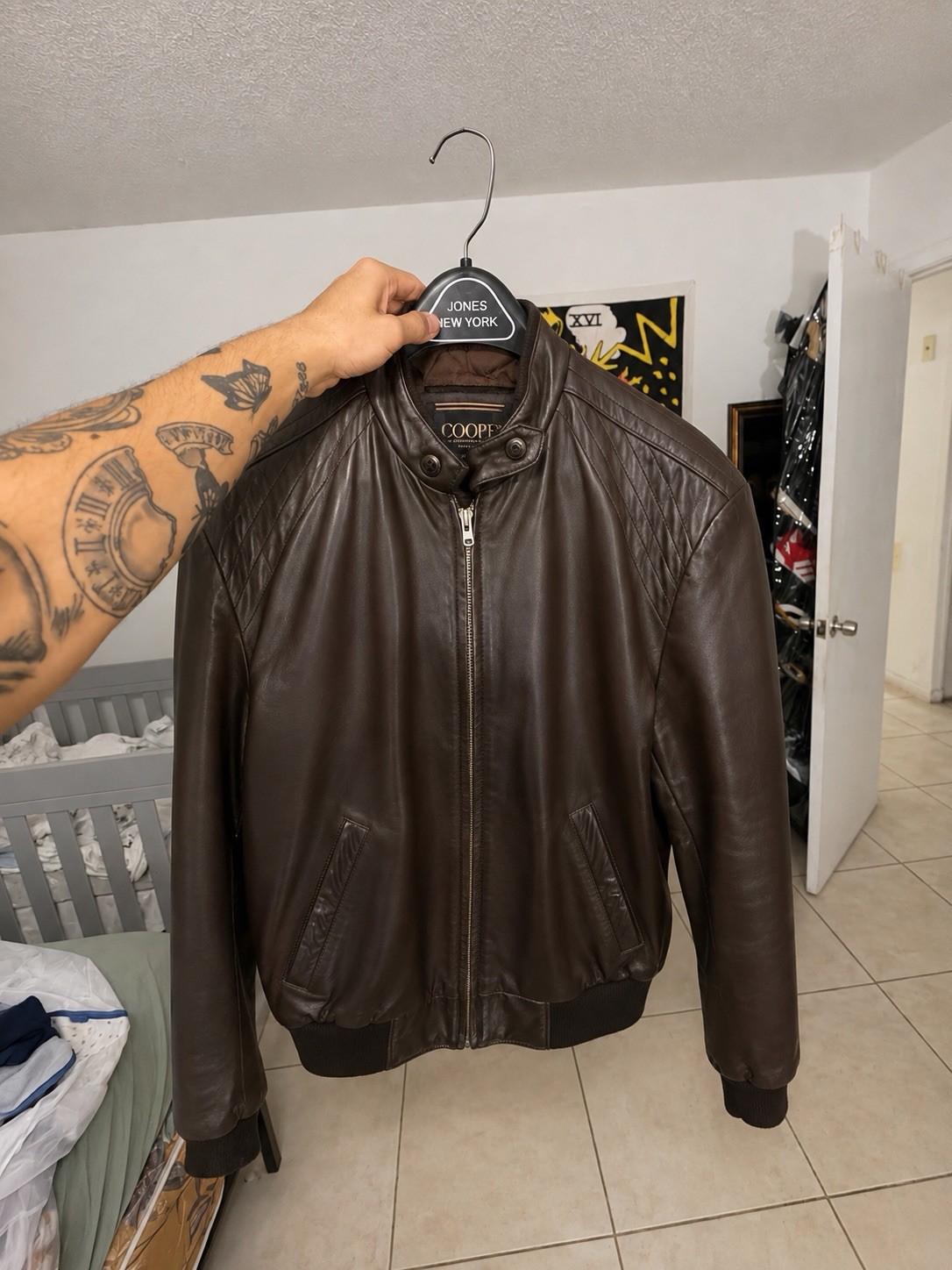 Cooper Genuine Leather Men’s Brown Bomber Jacket Jones New York Quilted Lined