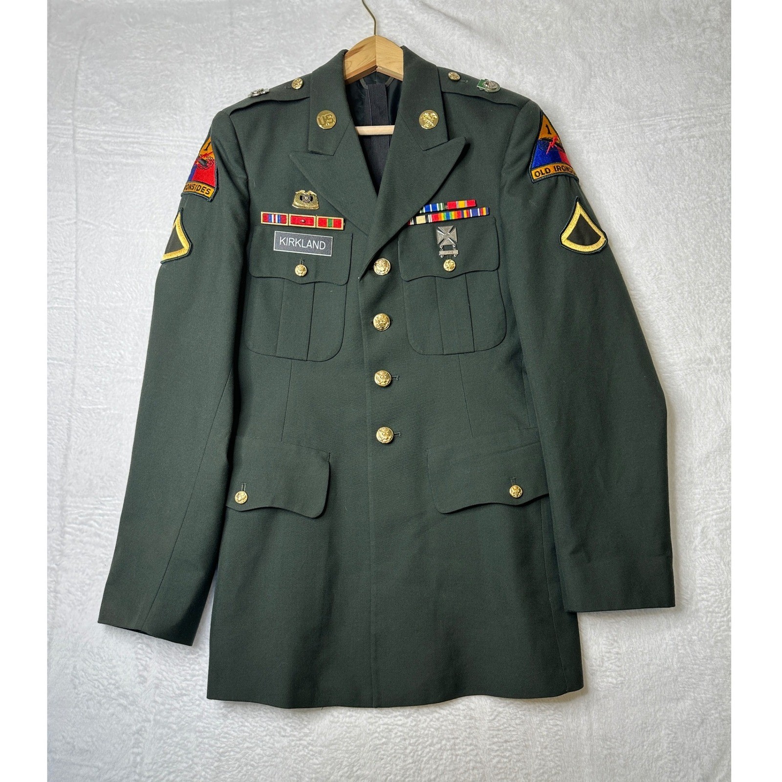 DSCP DeRossi & Son Army Green Coat Mens 39L Old Ironsides Patches Gold Buttons