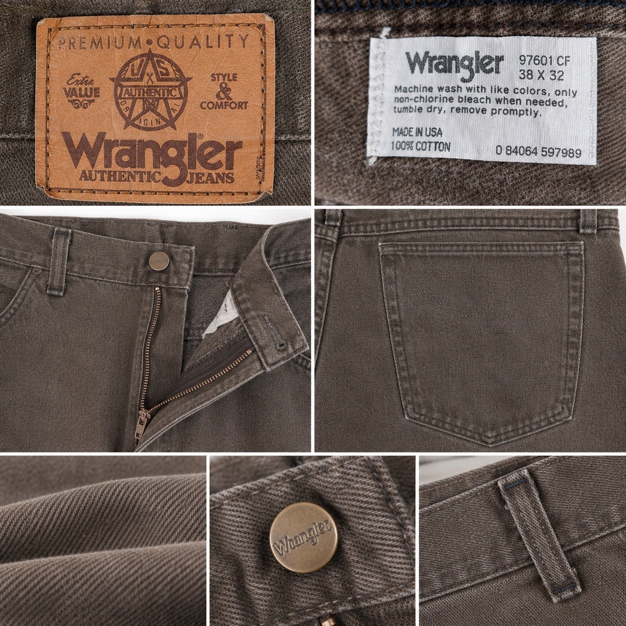 Wrangler Vintage Authentic Jeans Men 38x32 Brown 100% Cotton Made in USA 97601CF