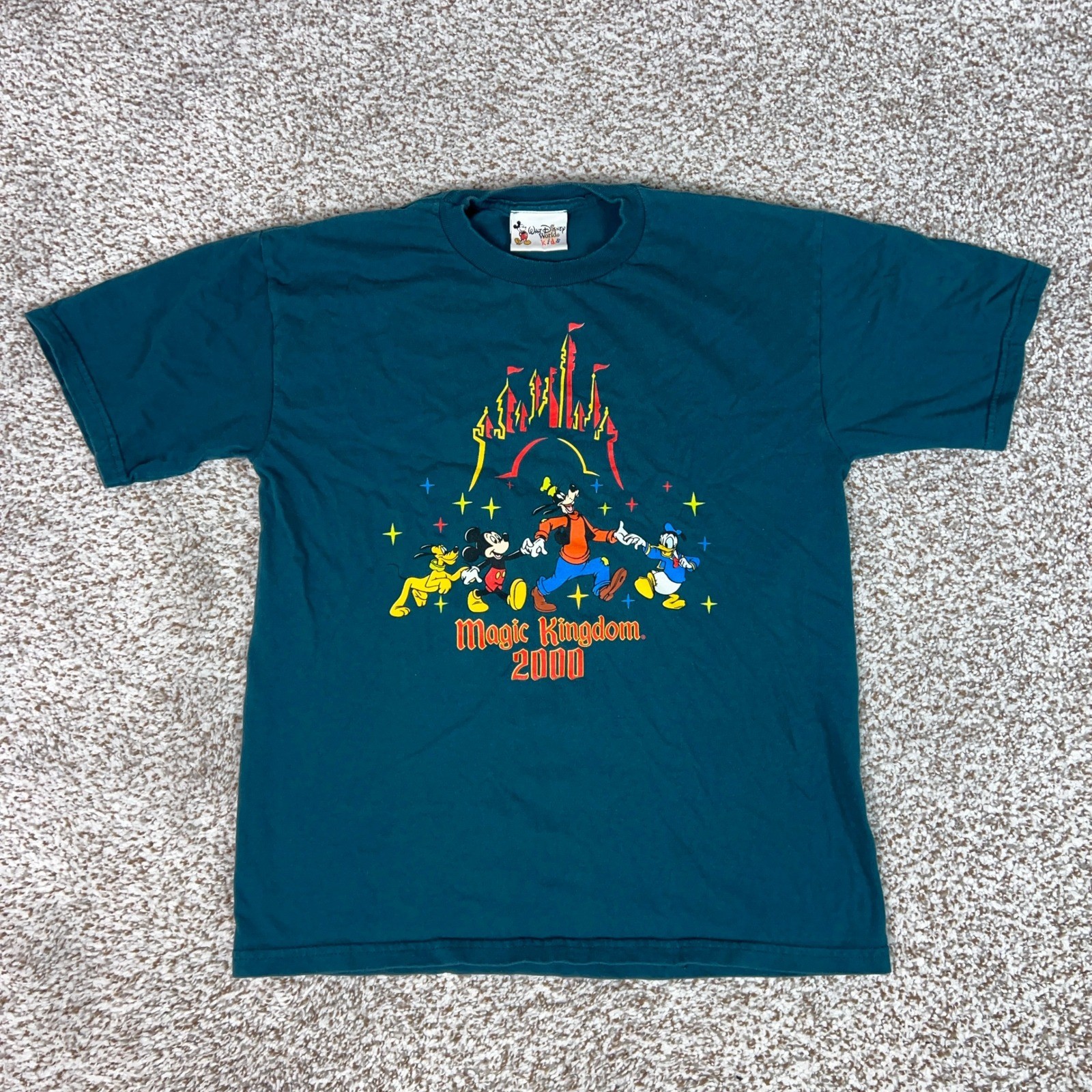 Vintage Disney Shirt Kids Large Blue Magic Kingdom 2000 Mickey Goofy Graphic Tee