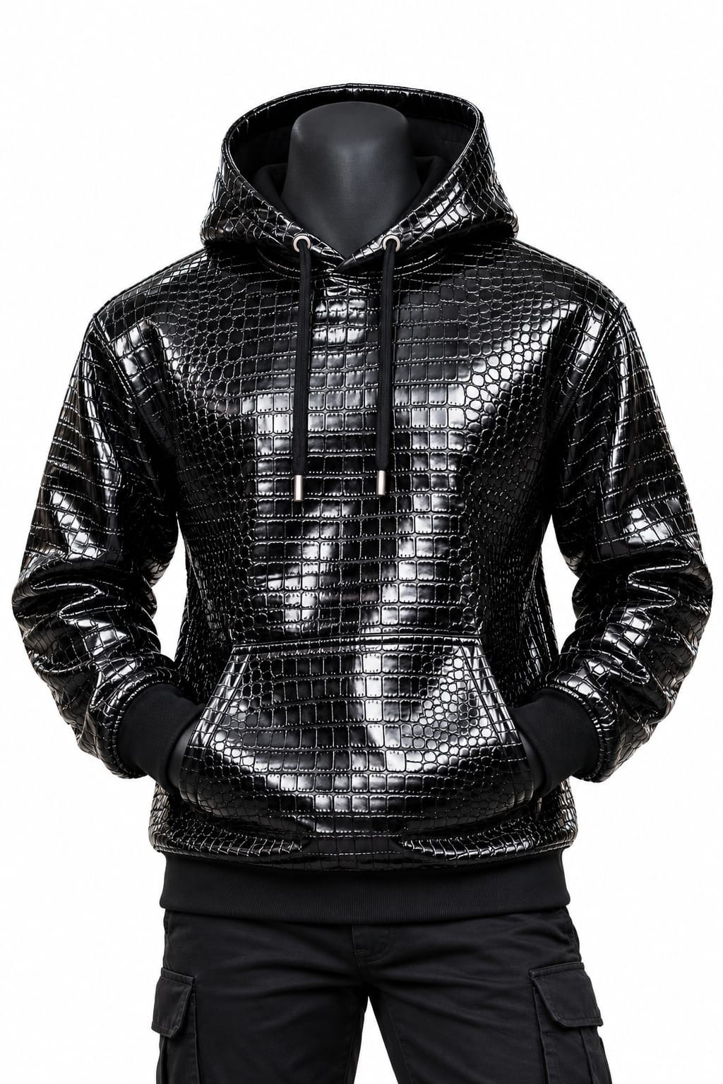 Men’s Glossy Crocodile Embossed Leather Hoodie | Luxury Streetwear Pullover 