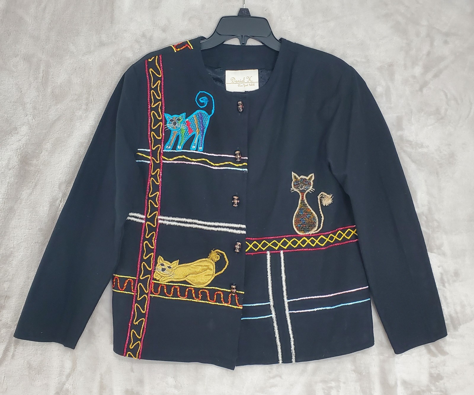 Vtg Daniel K New York Cat Blazer Jacket Womens S Black Embroidered Cat Lady EUC