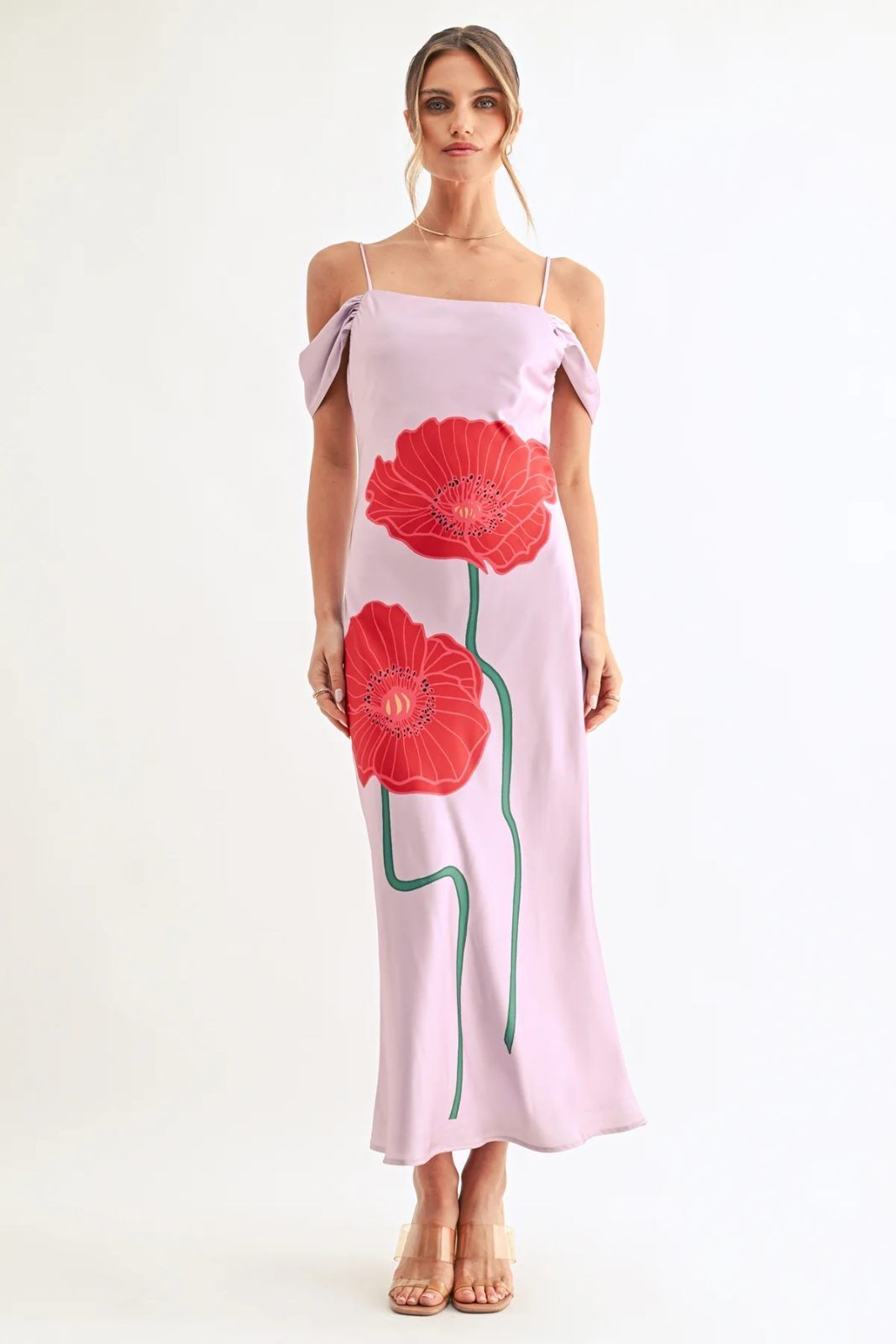 Adelyn Rae Audrey Dress L Lilac Red Floral Satin Cowl Neck NWOT Flaw