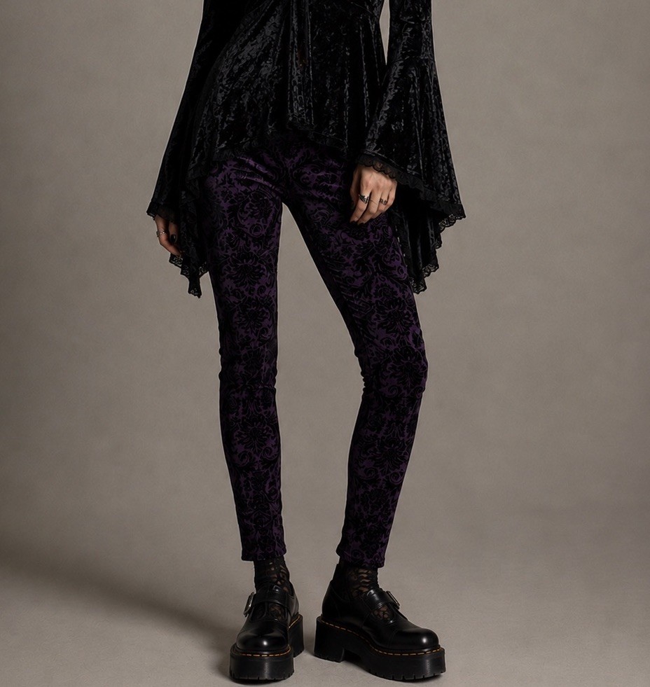 Burnt Out Velvet Whimsigoth Womens L Black Pull On Skinny Pants Elastic Waist
