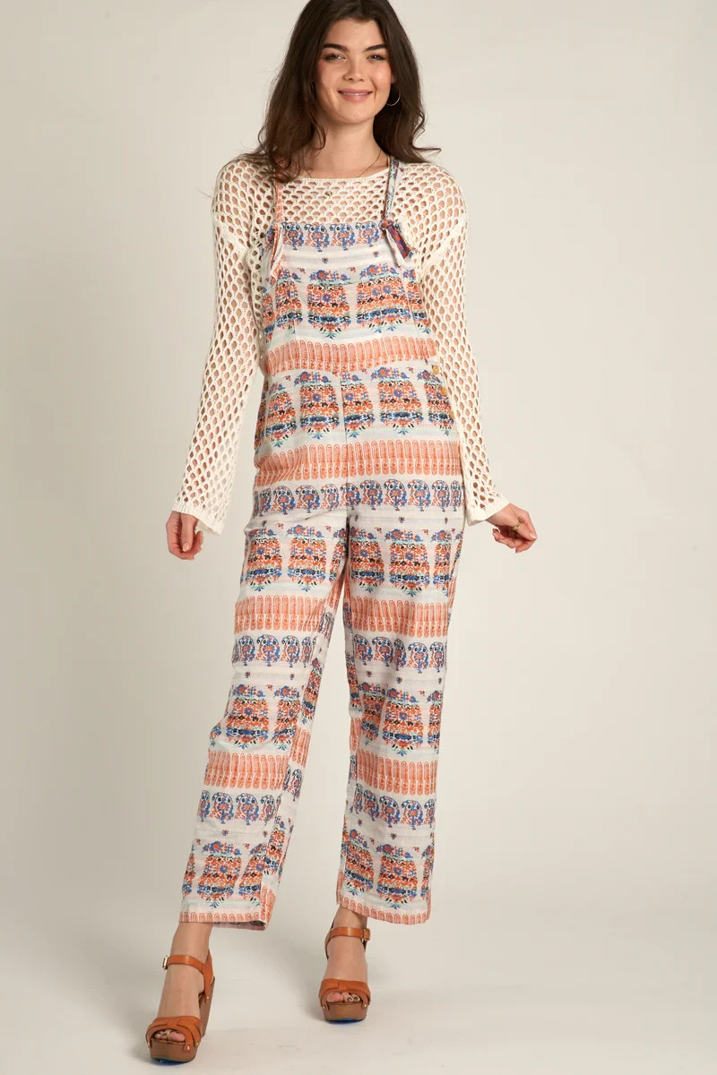 En Creme NWT Pamela Embroidered Boho Tribal White Multicolor Overalls Jumpsuit M