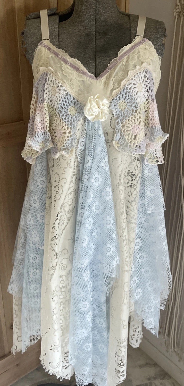 Fairy Dress Upcycled  Tattered Crochet Dress Women Teen Embellished Size Medium
