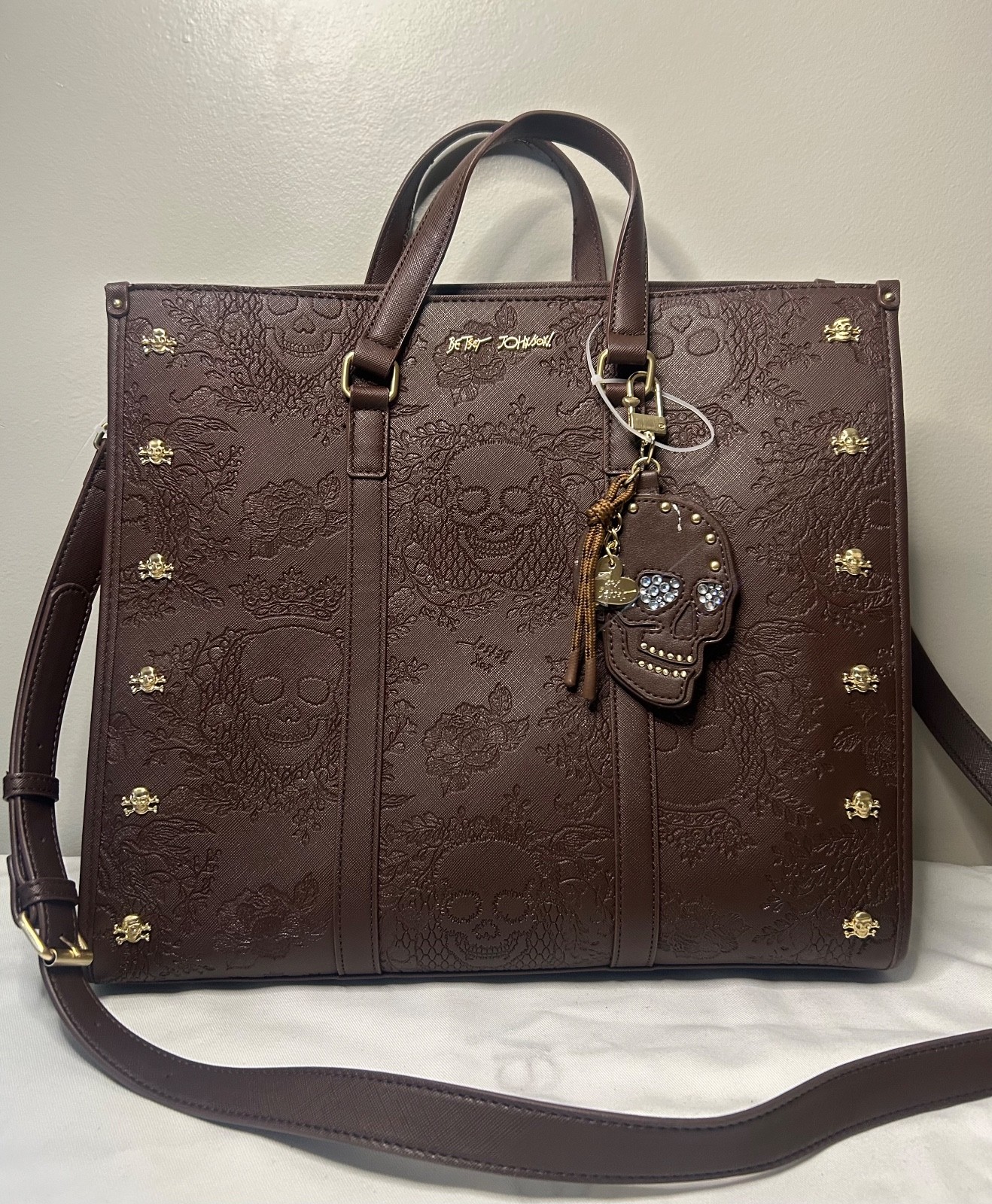 NEW NWT BETSEY JOHNSON Large Skull Embossed XOMATTIE Tote Bag Chocolate