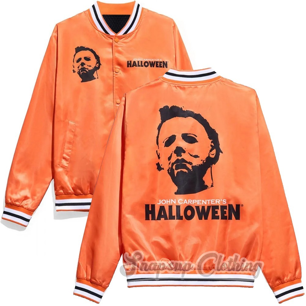 Unisex Boogeyman Michael Myers Orange Satin Bomber Halloween Week Varsity Jacket