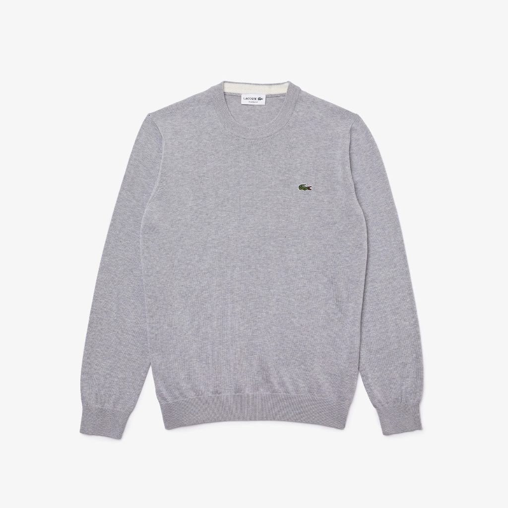 Lacoste Reg Fit Mens Crewneck Sweater Gray Cotton Knit Croc Logo Pullover SZ M