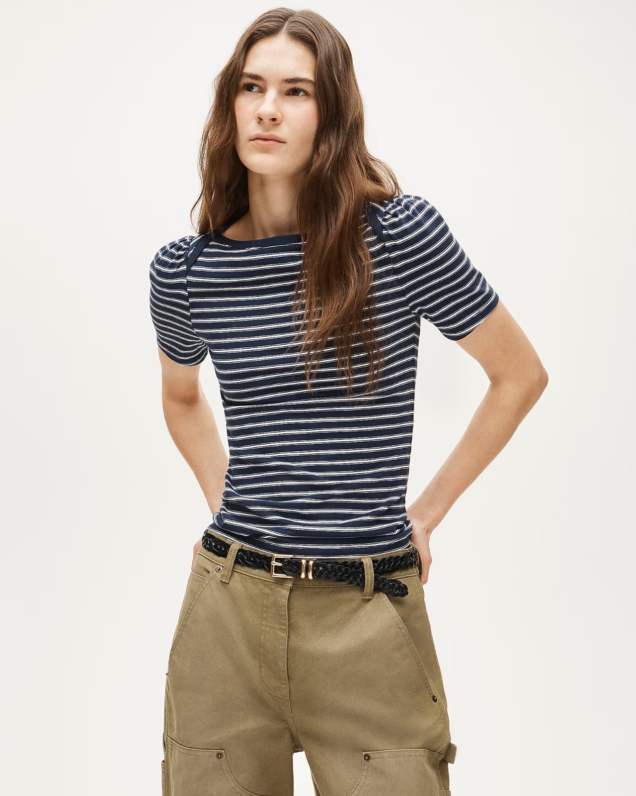 NWT J.CREW Vintage jersey puff-sleeve T-shirt in stripe, Small-Medium, Navy