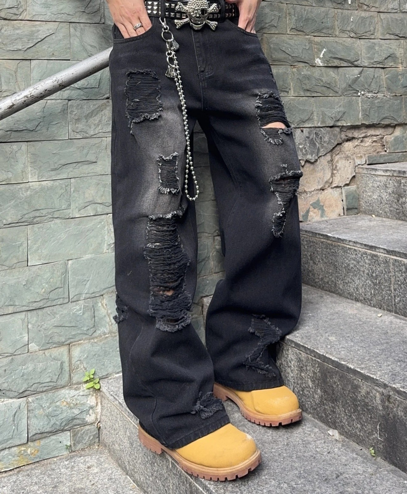 Men\'s Y2K Baggy Ripped Jeans Black Distressed Wide Leg Loose Fit Hip Hop Denim