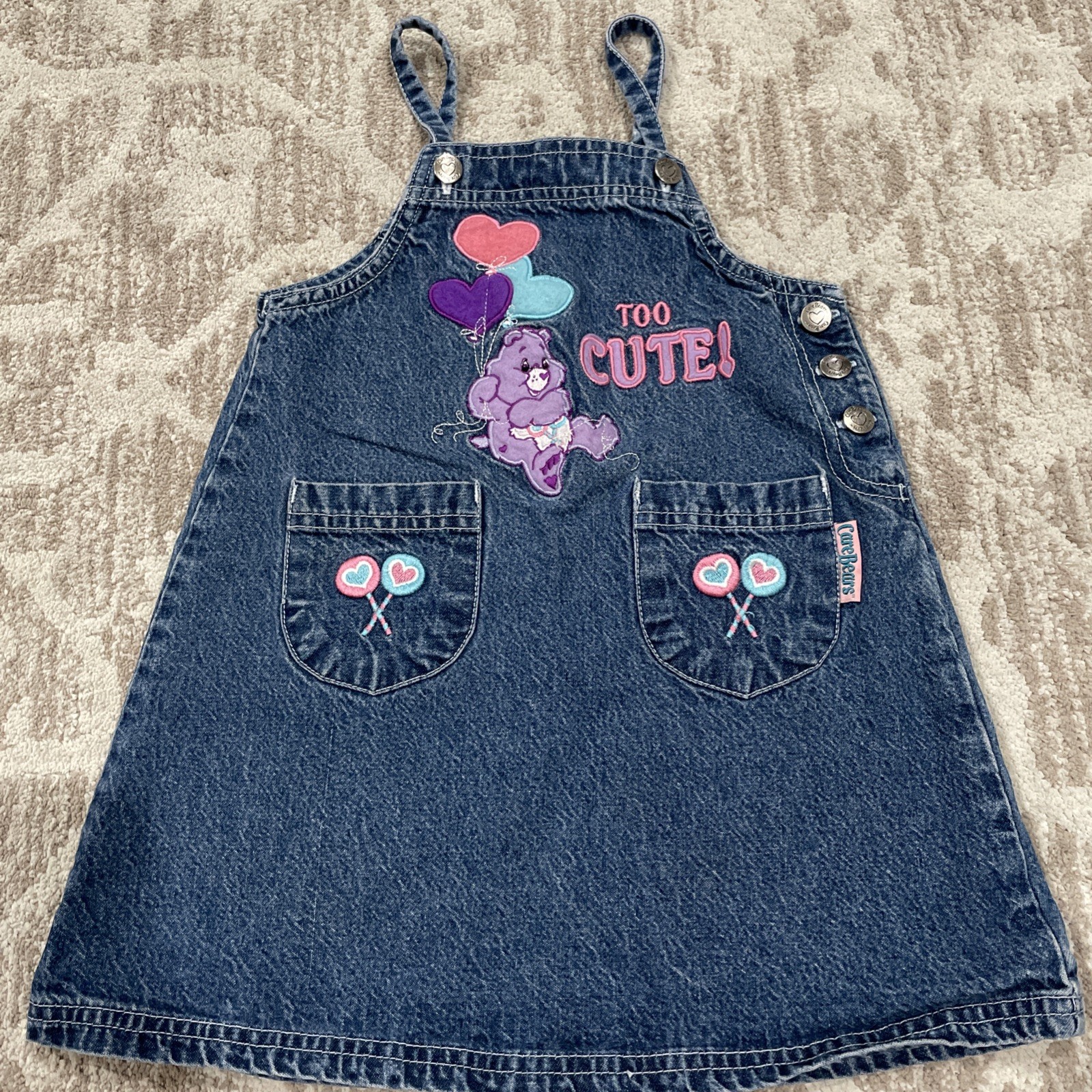 Vintage Care Bears Childrens Denim Dress Sz 4T Embroidered Too Cute Share Bear