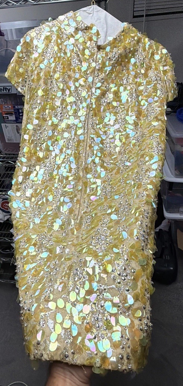 60s VTG PAT SANDLER  Museum Quality Entirely Shimmering Yellow Mod Shift Dress