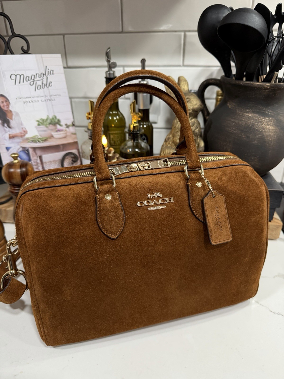Coach Large Rowan Brown Suede & Leather Satchel Top Handle with Detachable Strap