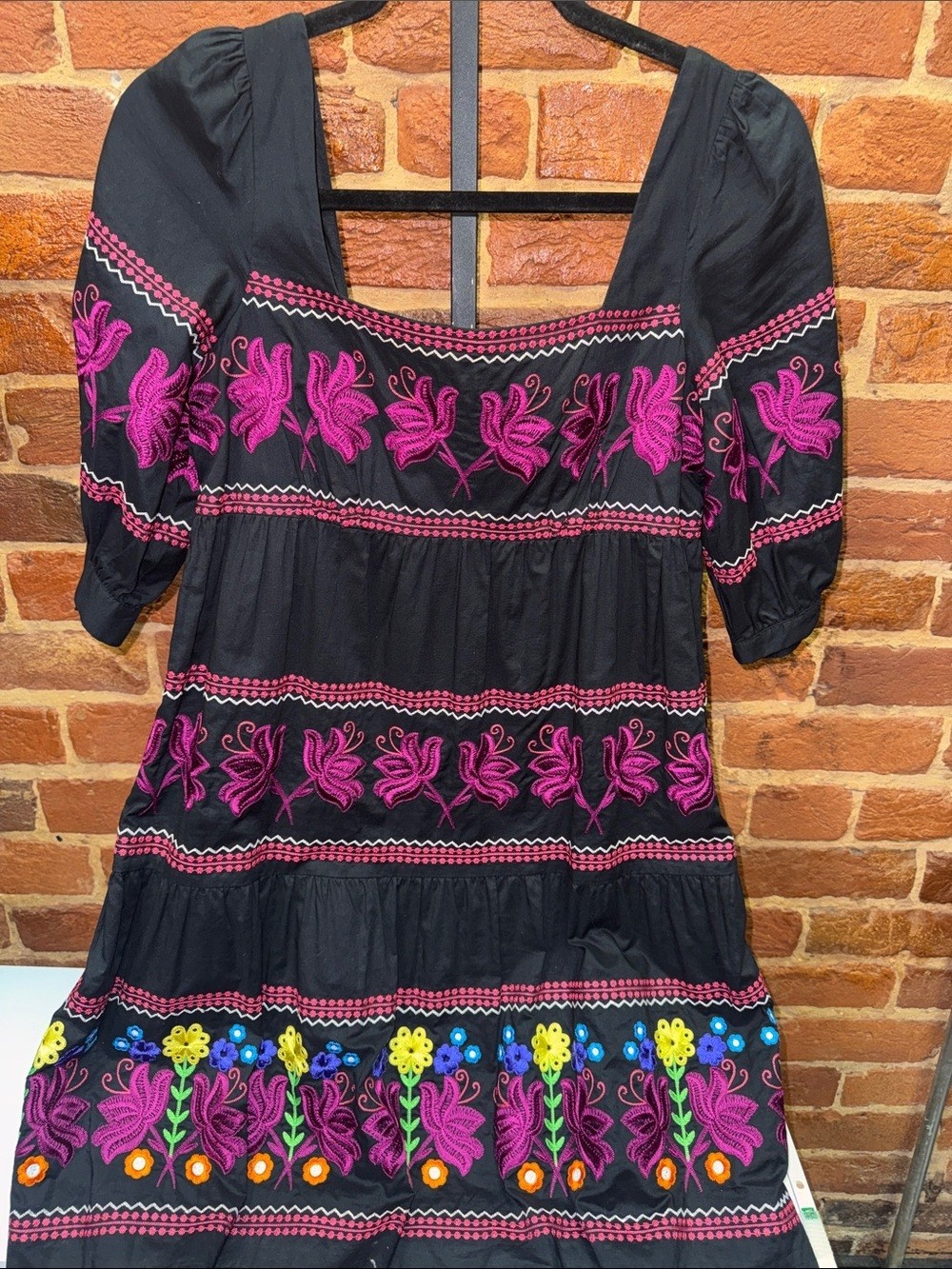 016 Black Embroidered Floral Tiered Dress with Pink & Multicolor Accents