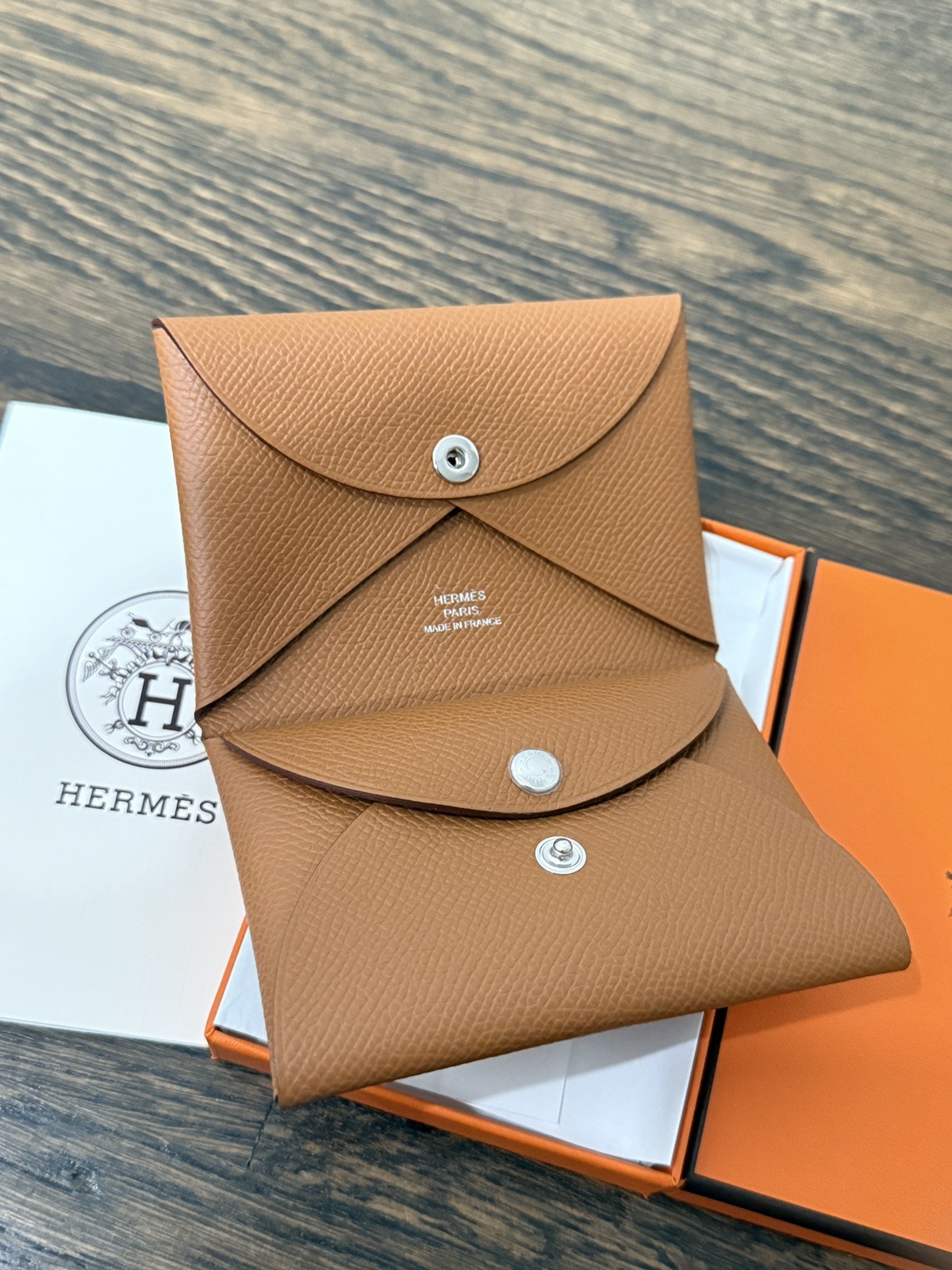 New Authentic Hermes Calvi Duo Cardholder Card Holder Gold Epsom Small Leather