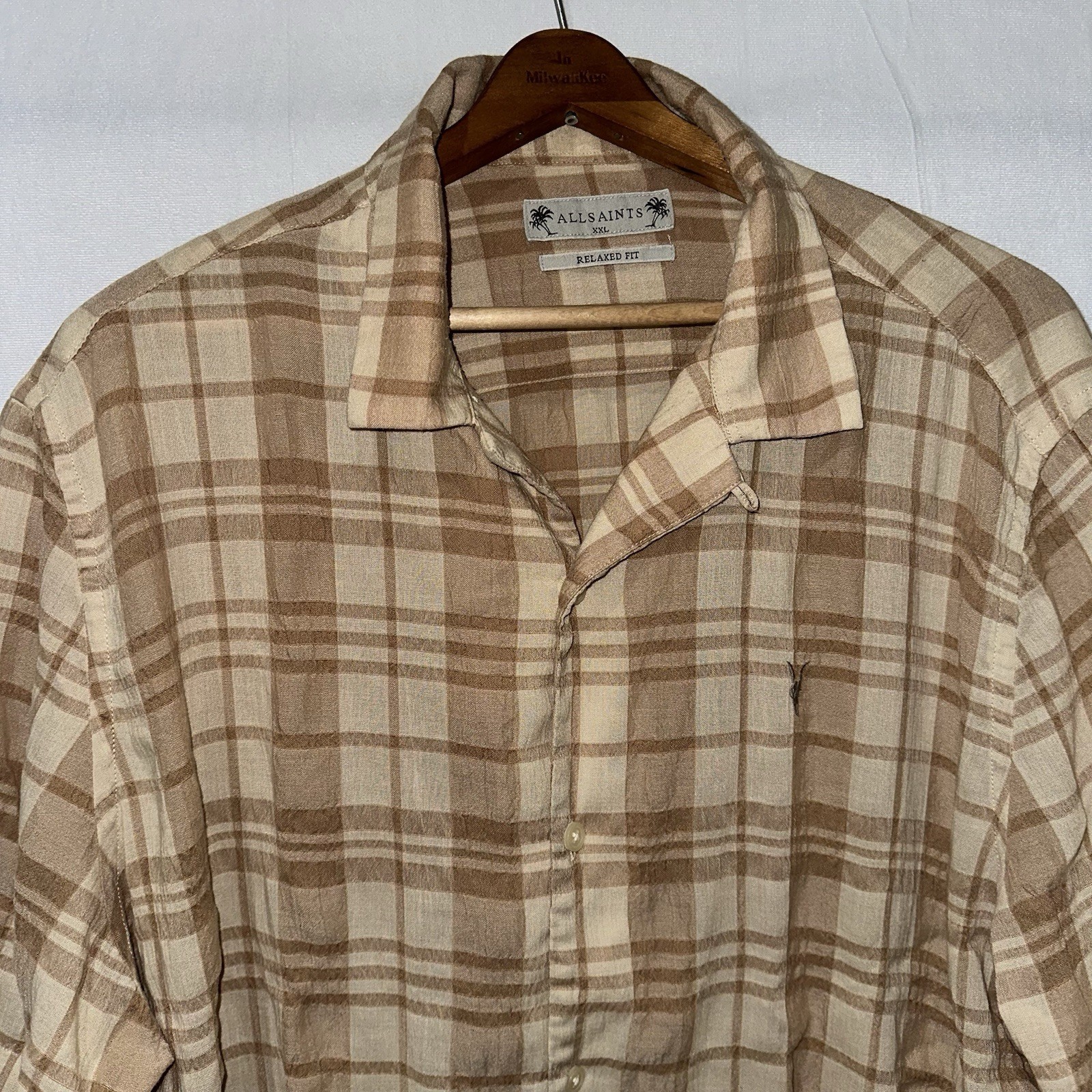 AllSaints Buddy Short Sleeve Camp Shirt Size 2XL Plaid Relaxed Fit Lightweight