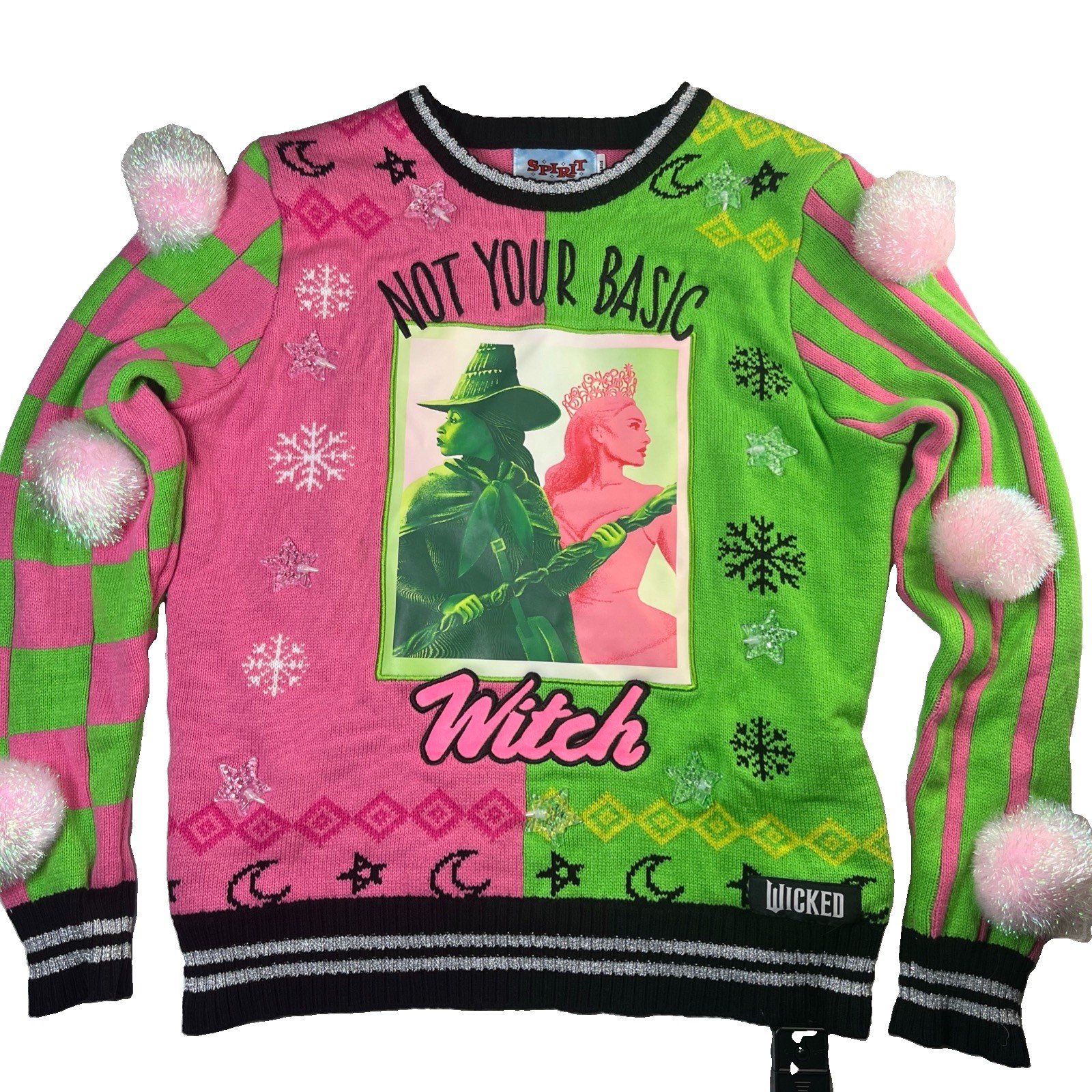 WICKED Not Your Basic Witch Light Up Sweater Womens Large Pink Halloween Pom Pom