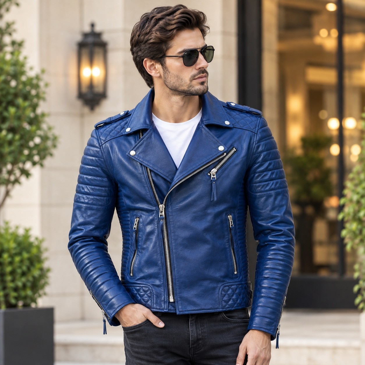 Men\'s Genuine Leather Jacket, Classic Biker Motorcycle Casual Outerwear Blue