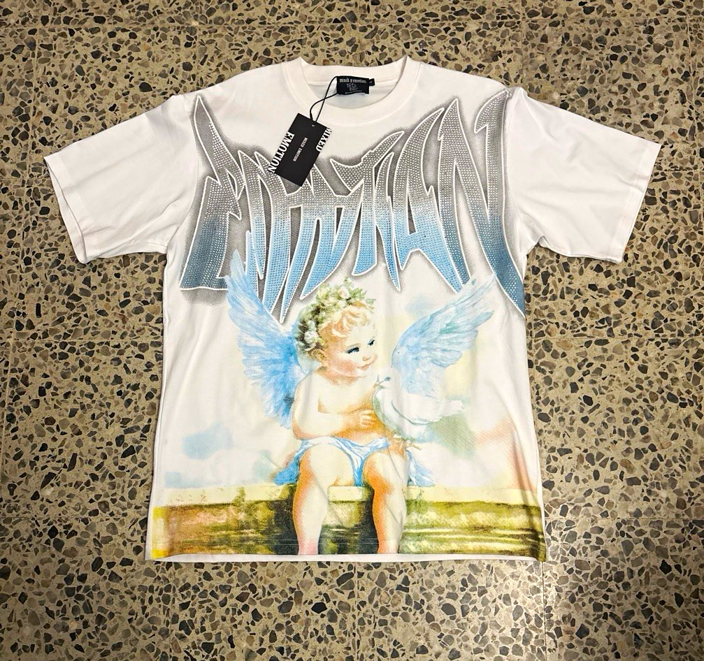 EMOTION White Rhinestone Angel Graphic Print Crew Neck Short Sleeve T-Shirt L