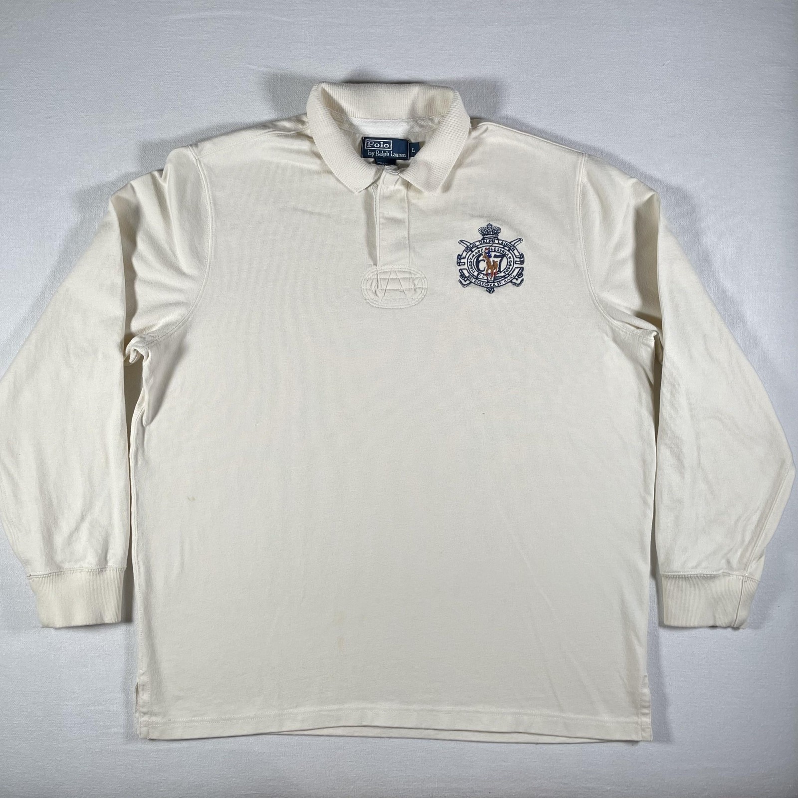 Vintage Ralph Lauren Polo Rugby Shirt Mens Large White 67 Crest Long Sleeve 90s