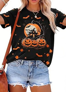 Halloween Shirts for Women Cute Pumpkin Ghost Graphic Tee Spooky Season Top