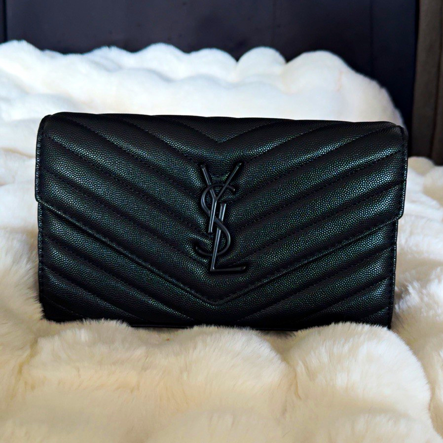 Saint Laurent YSL Black Quilted  Logo Chain Wallet/Clutch Women