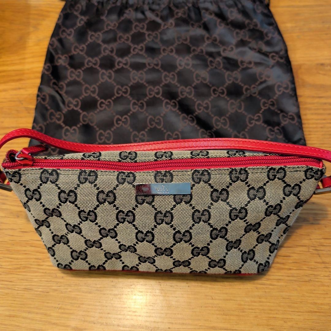 GUCCI Boat Bag Pochette GG canvas leather black red Vintage Authentic From Japan