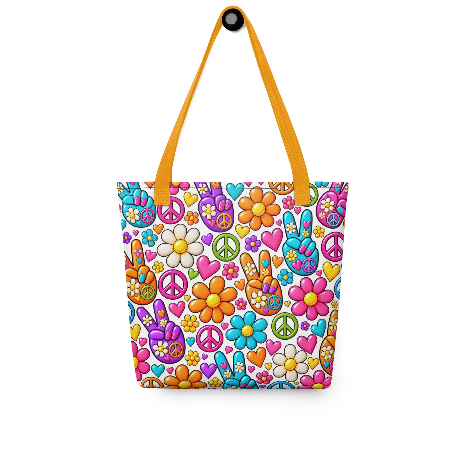 Retro Hippie Peace Sign Tote Bag Colorful Groovy Flowers Boho 70s Style
