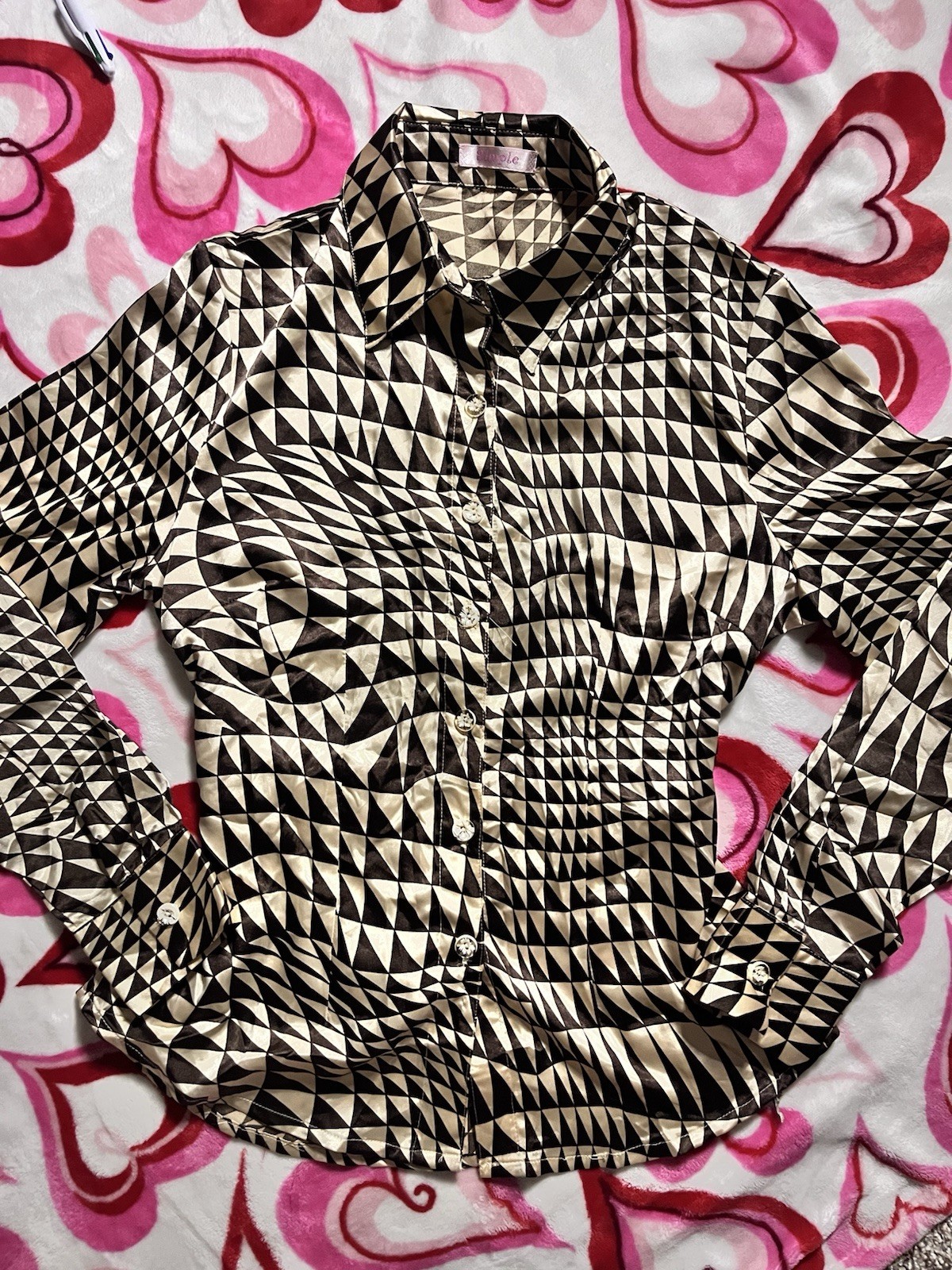 Vintage Y2K Simple Brown Gold Shimmer Geometric Blouse Belted Flower Buttons